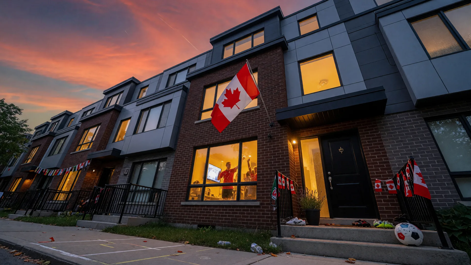 Modern Toronto townhouse at twilight with a Canadian flag and World Cup energy — showing the excitement of the city during the tournament