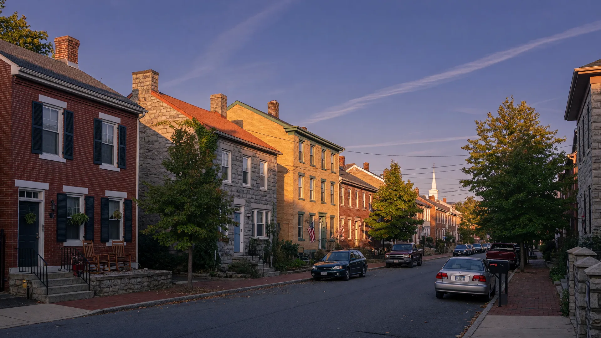 Quiet residential street in a historic Lehigh Valley borough at golden hour