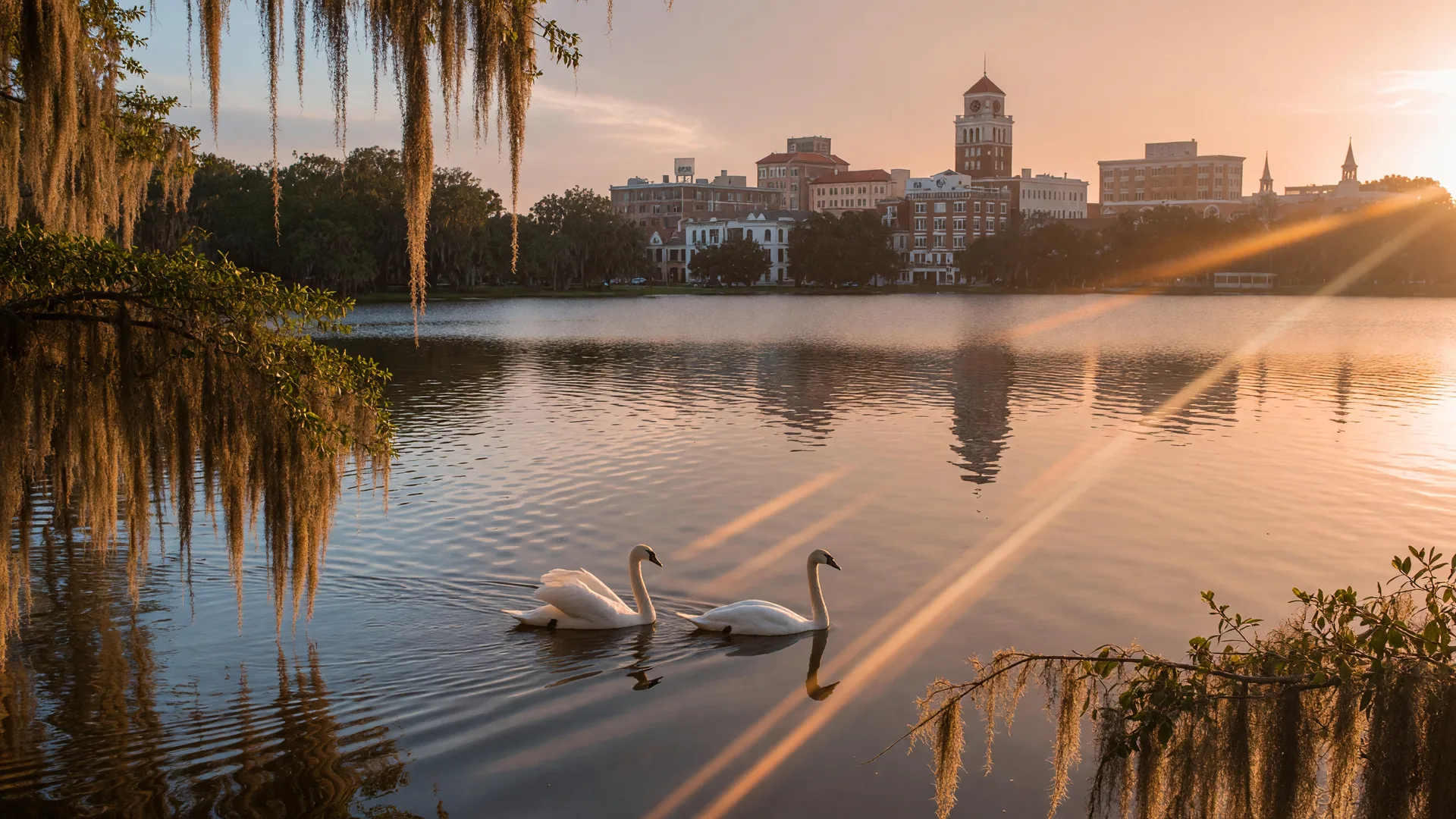 Swans on Lake Morton in front of downtown Lakeland, Polk County, Florida
