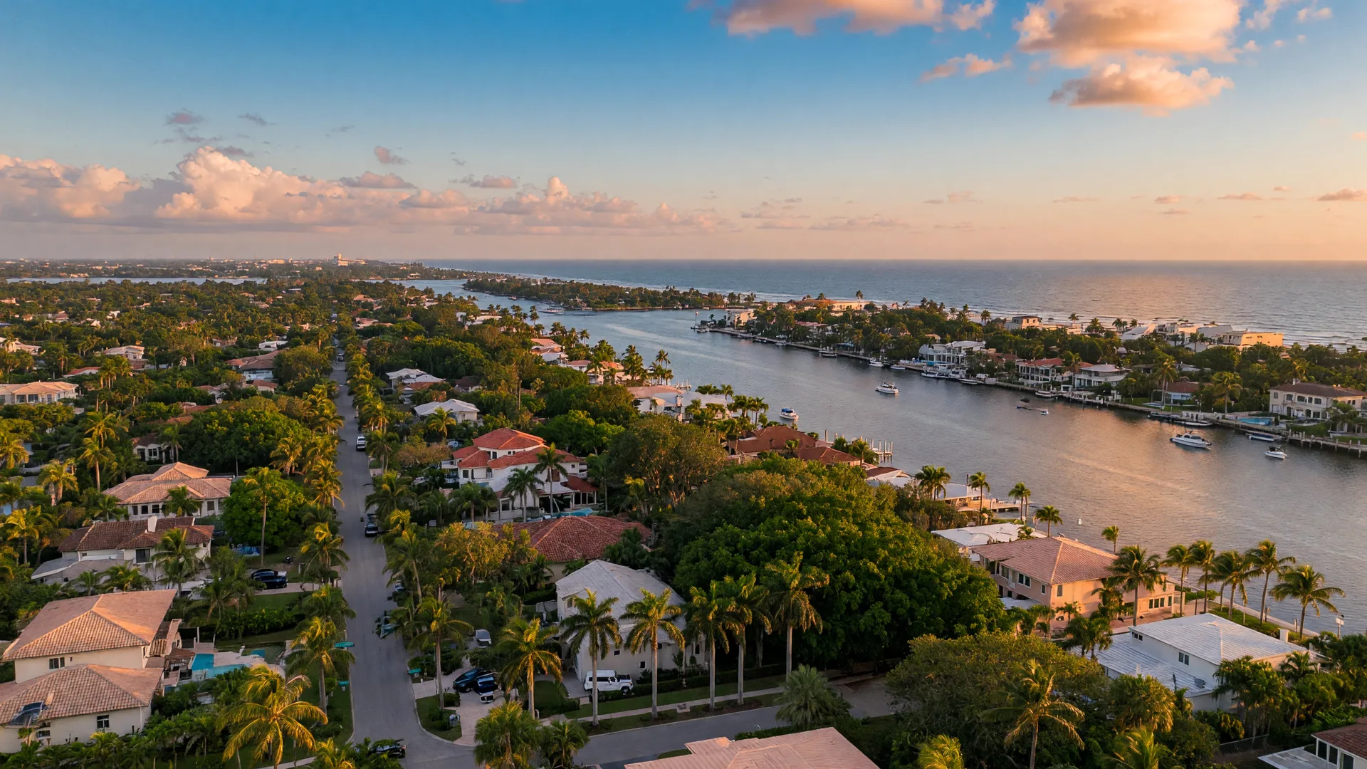Elevated view of the East Delray Beach coastal neighborhood with Intracoastal Waterway and Atlantic Ocean in the distance