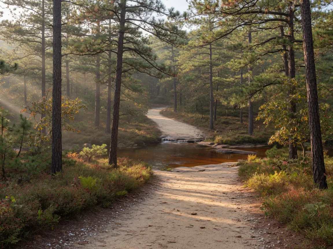 Sun-dappled sandy walking trail through tall pitch pines in Brendan T. Byrne State Forest near Pemberton NJ