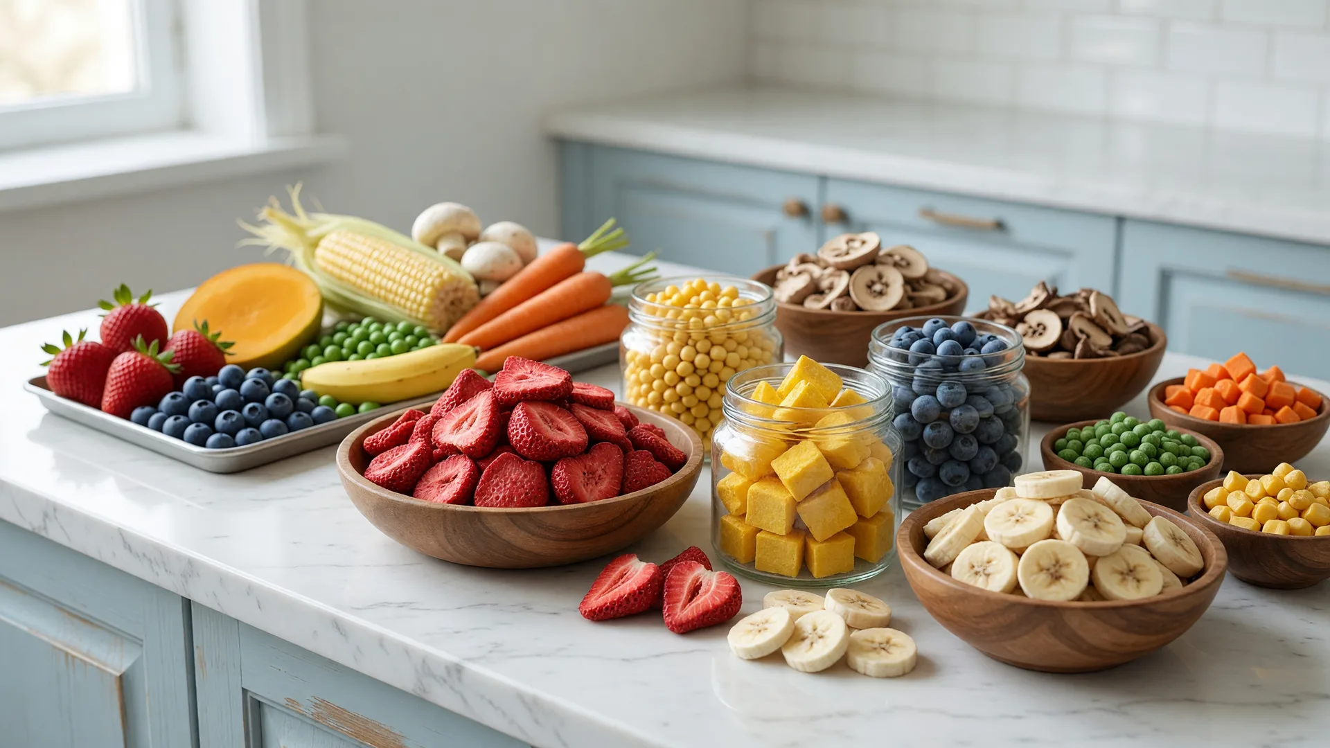 Colorful bowlsand jars of freeze-dried strawberries, mango, blueberries, corn, mushrooms, peas and carrots on a kitchen counter