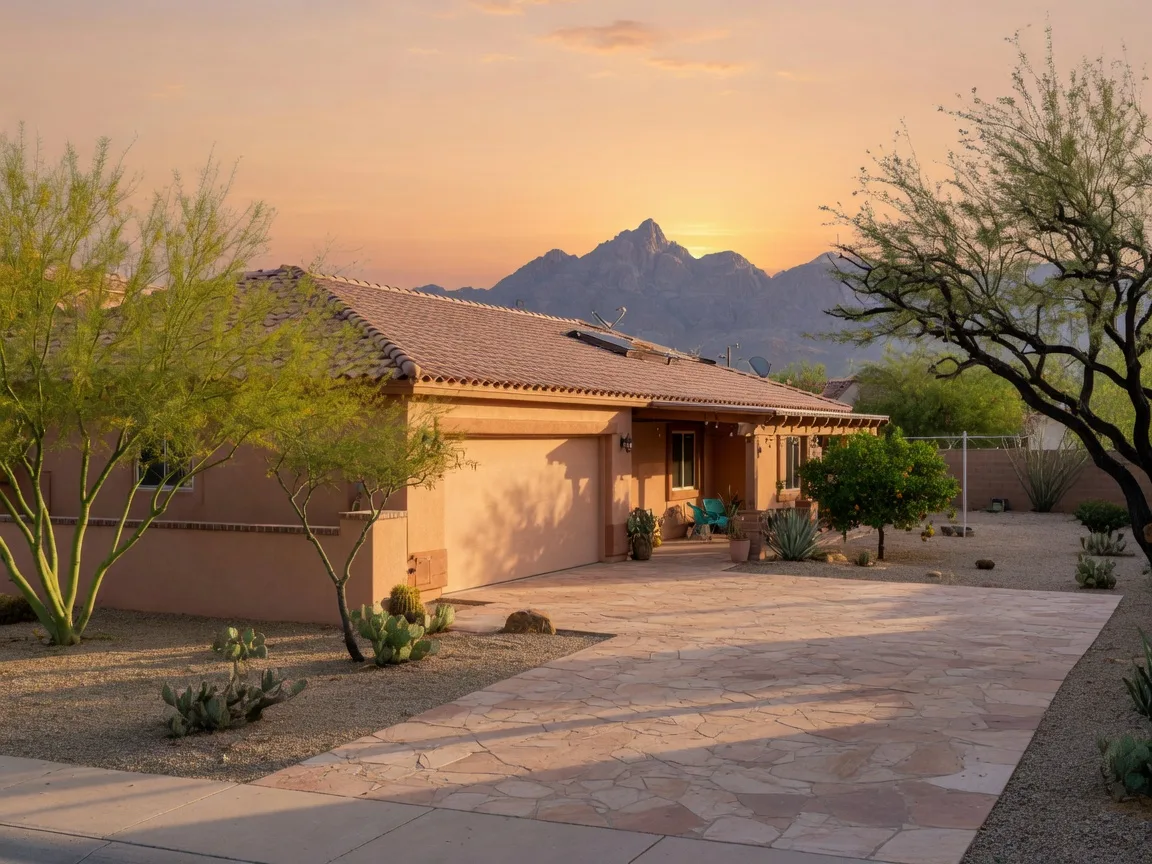A single-story Southwestern home in Eastside Phoenix at golden hour with fresh stucco, a tile roof, a paver driveway, mature desert trees, and the Superstition Mountains on the horizon