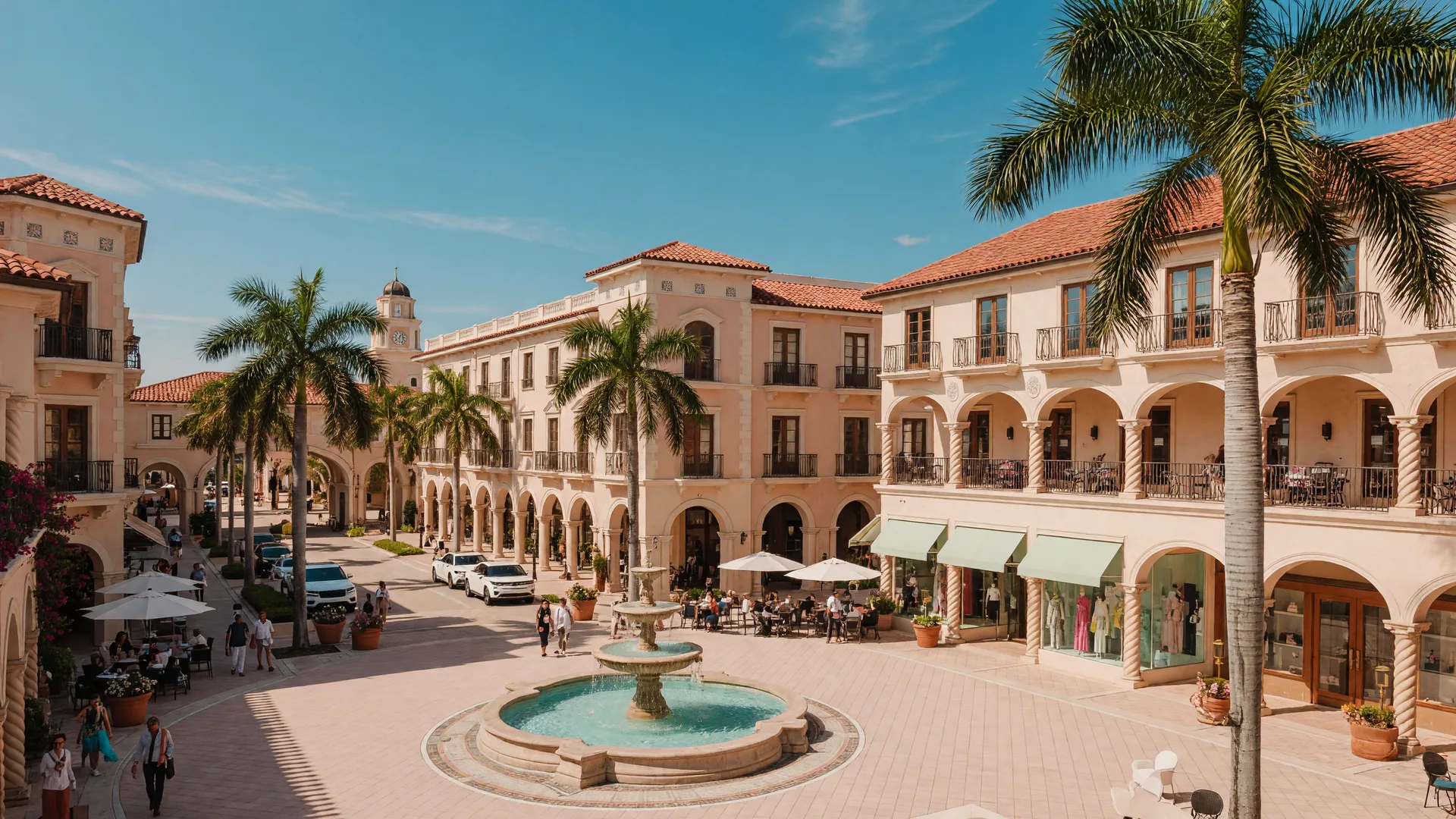 Mizner Park in Boca Raton with Mediterranean architecture, fountains, and palm trees