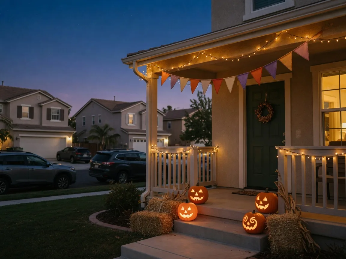 A cozy family-friendly Halloween porch at dusk with glowing jack-o'-lanterns, hay bales, and string lights