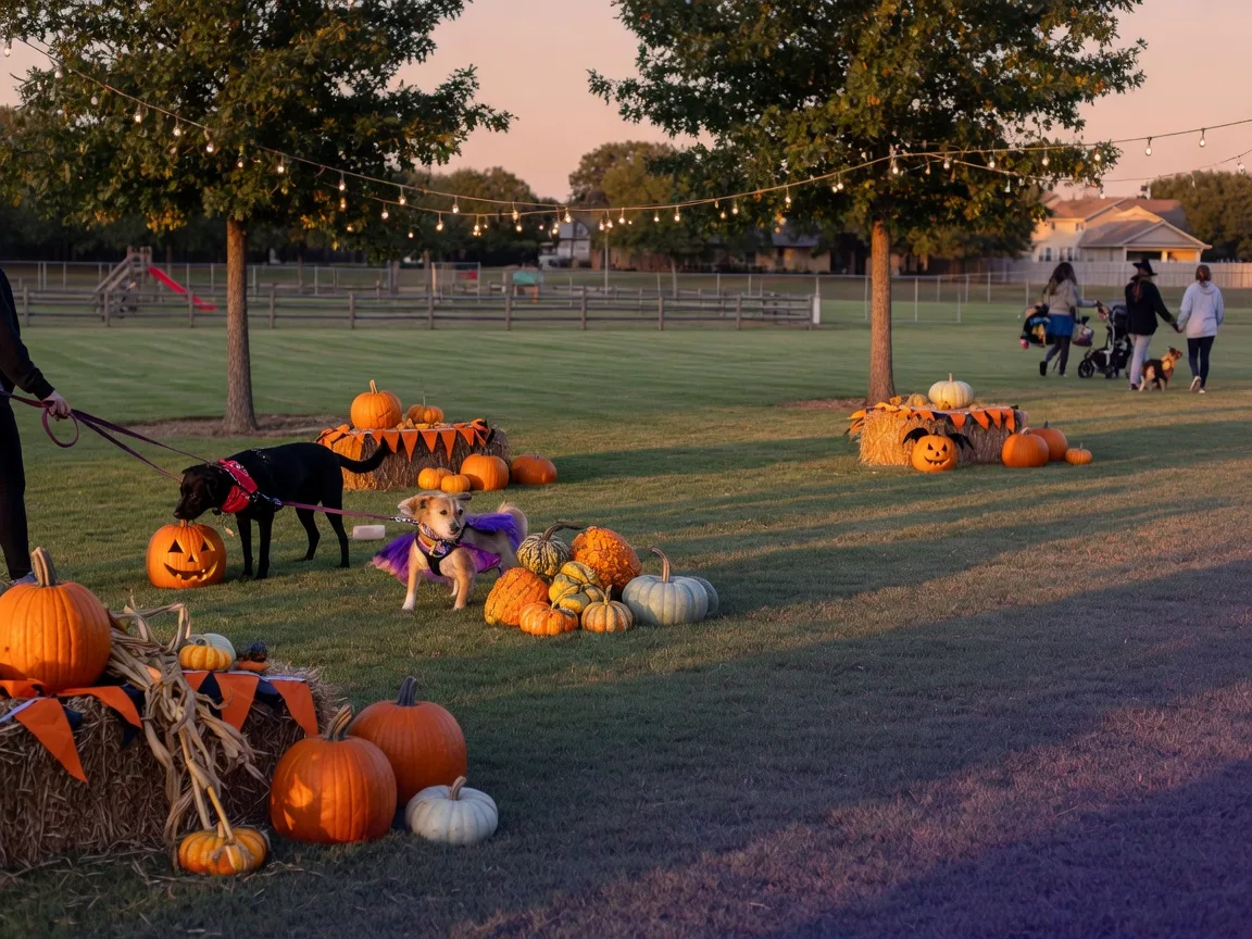Event graphic of a festive dog-park Halloween celebration with carved pumpkins, hay bales, string lights, and dogs on a lawn at golden hour.