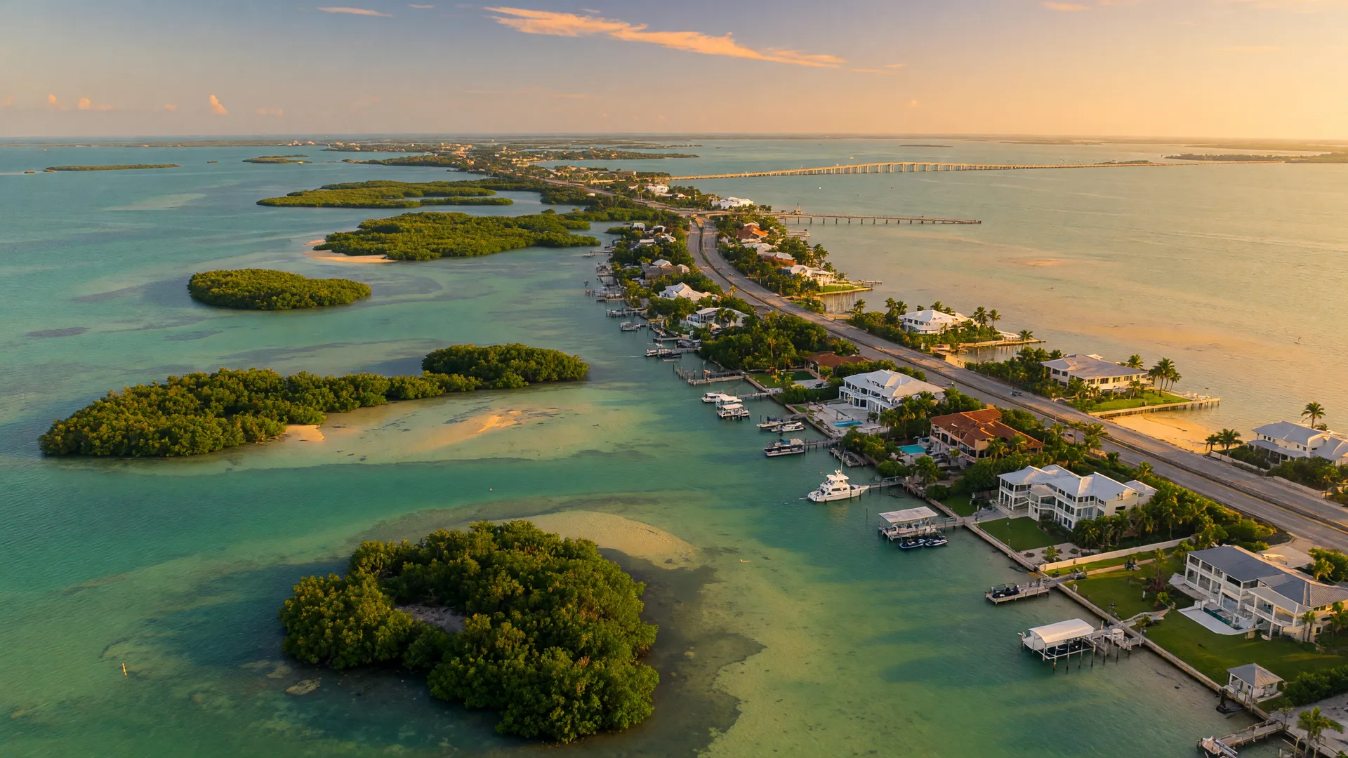 Aerial view of the Florida Keys island chain at golden hour, the Overseas Highway threading green mangrove islands through turquoise water with waterfront estates and private docks along the shorelines