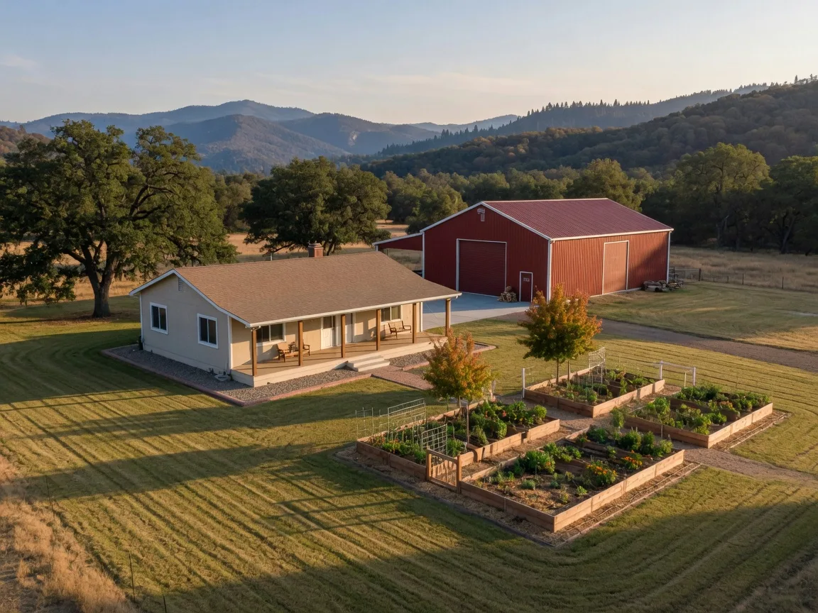A well-maintained rural acreage property with a single-story ranch home, a wide porch, a detached metal barn and shop, fenced garden, shade trees, and the Sierra foothills on the horizon