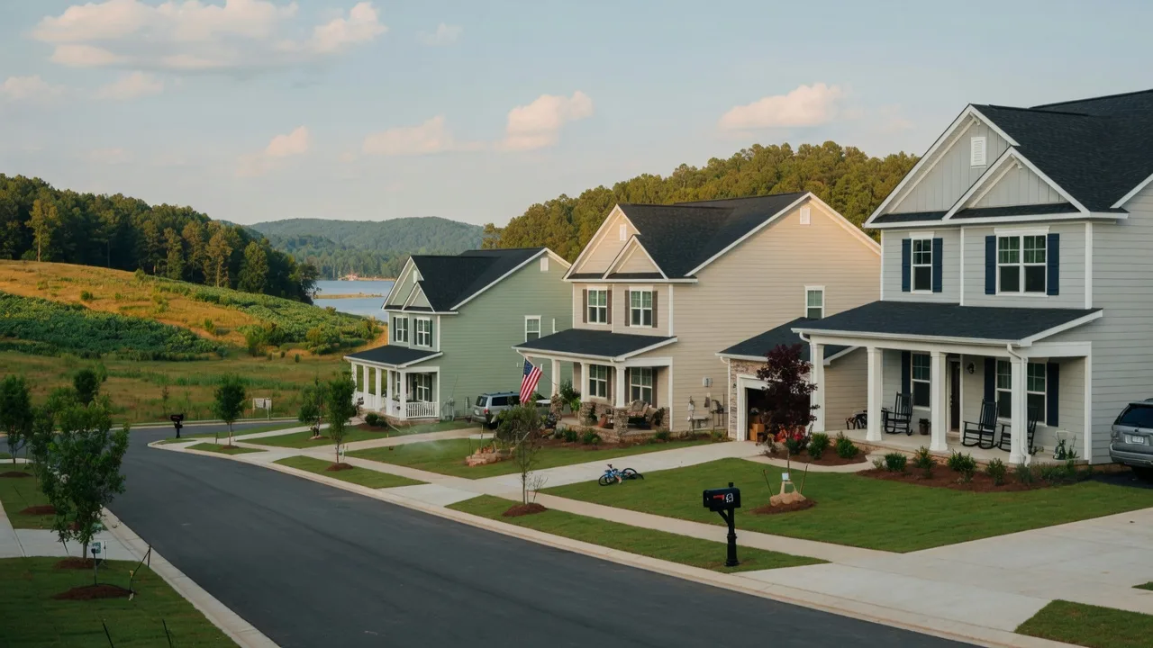 New residential development in Hartwell, Georgia with modern homes, front porches, and young trees against rolling Georgia hills