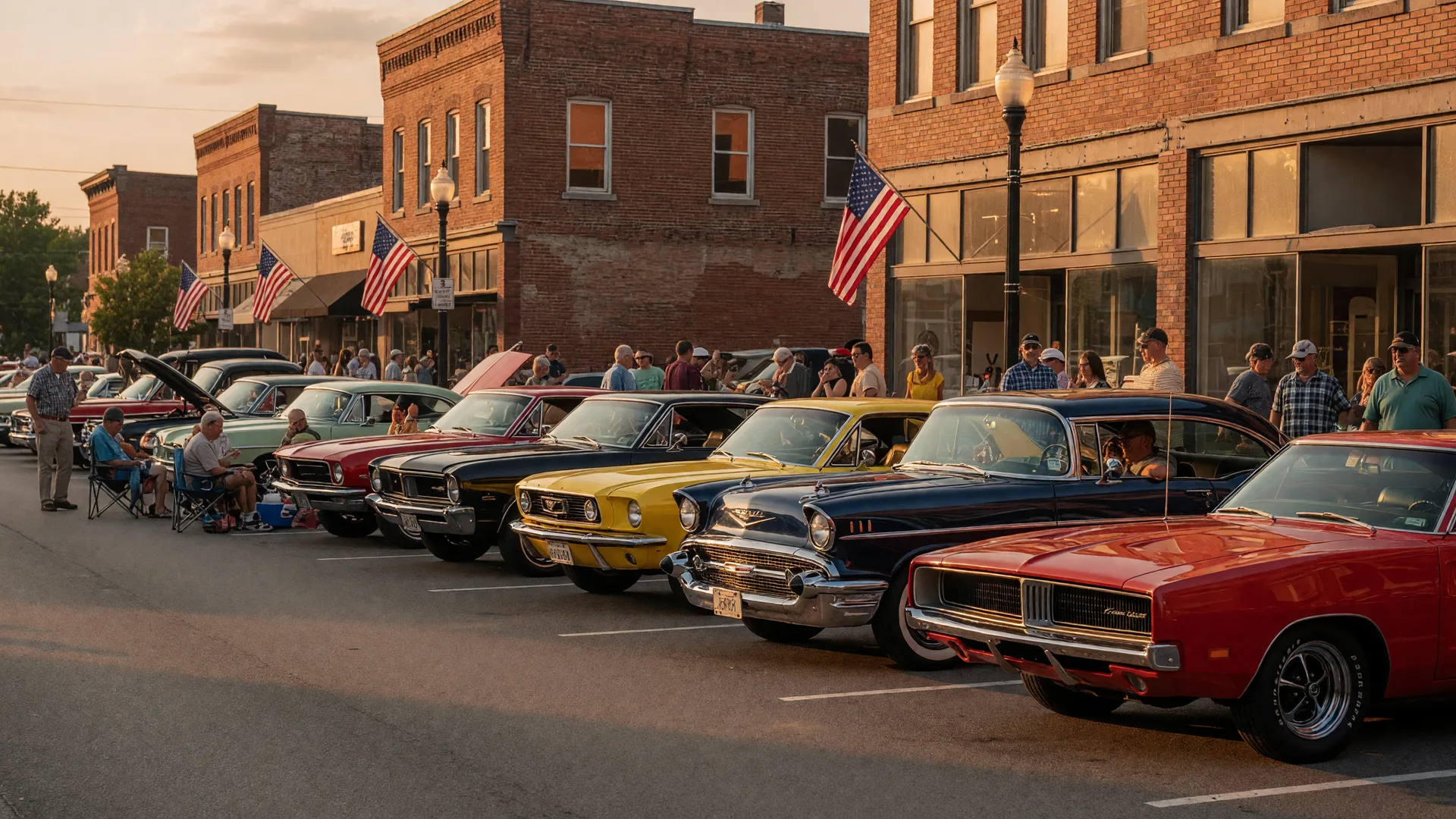 Classic American muscle cars and vintage automobiles lined up on a downtown main street at golden hour during the Back to the Bricks car show in Flint Michigan