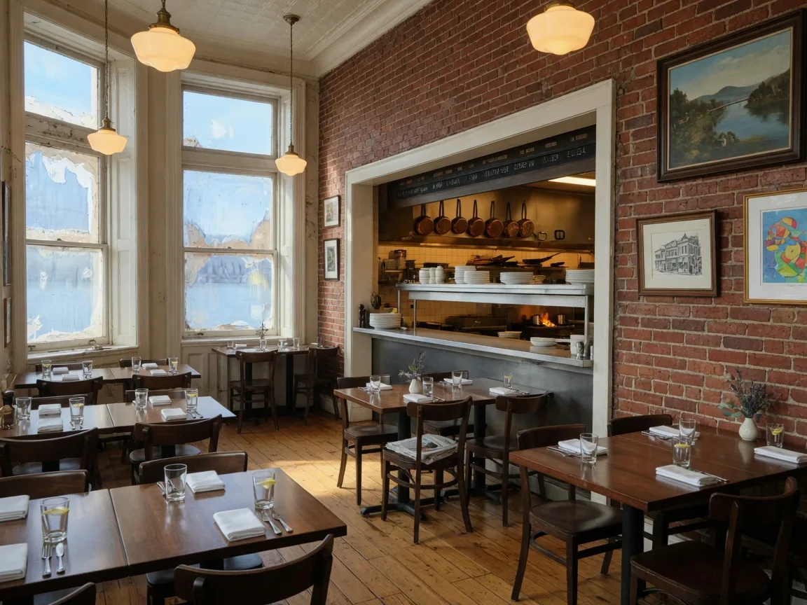 Cozy upscale bistro interior with exposed brick walls, local artwork, an open kitchen, and dark wood tables in downtown Bethlehem