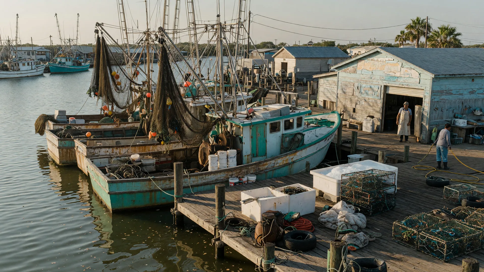 A working shrimp boat harbor with docked trawl boats and a waterfront seafood market