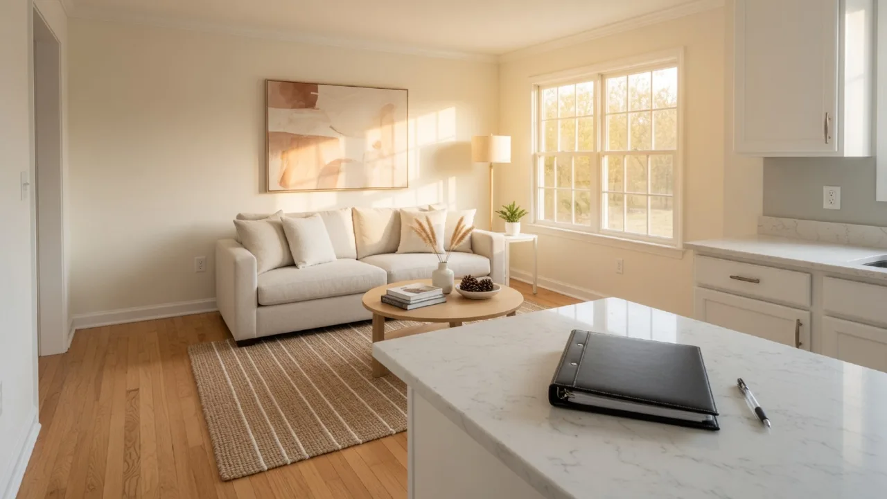 Bright staged living room in a Virginia Beach home with hardwood floors and a checklist binder on the counter