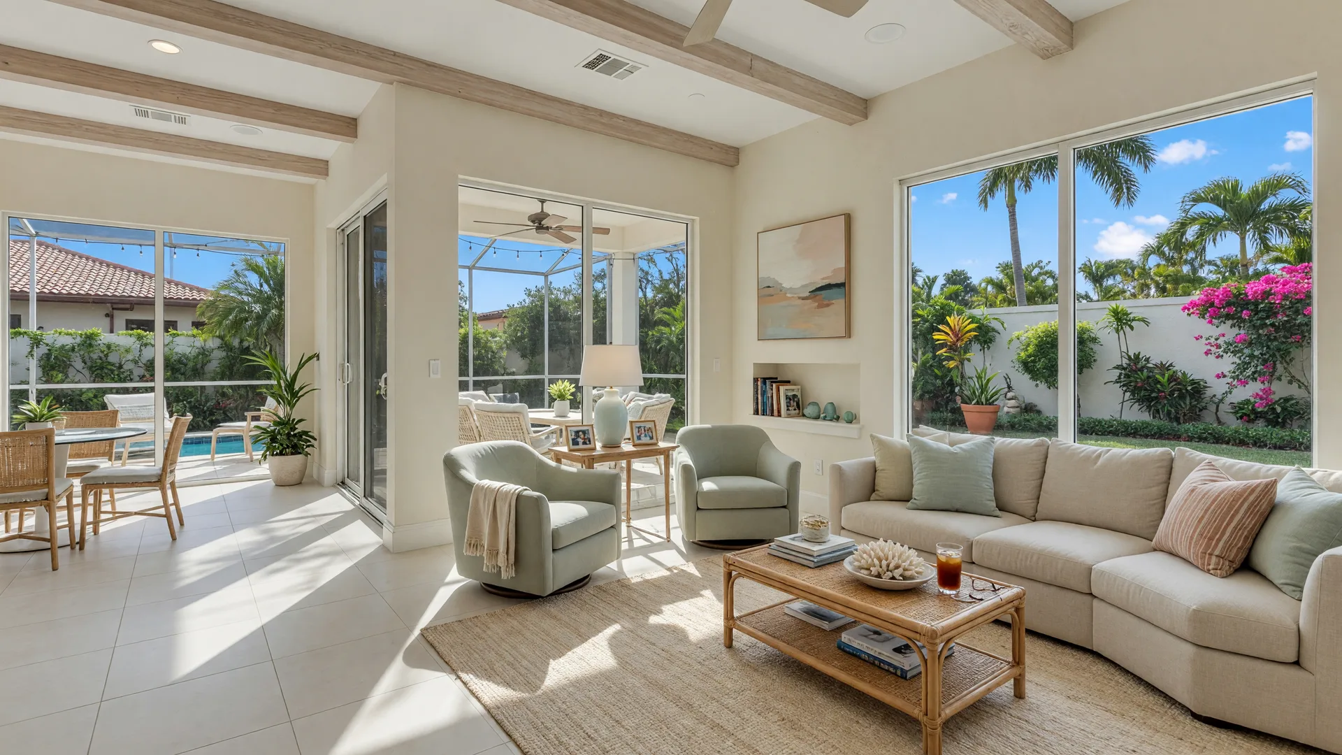 Bright and airy downsized home in Naples, Florida with open-concept living space and coastal neutral decor