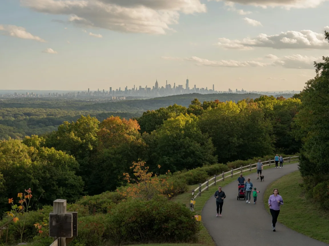 Eagle Rock Reservation overlook trail in West Orange NJ in early September with early hints of autumn color, joggers and a family on the path, and the Manhattan skyline hazy on the horizon