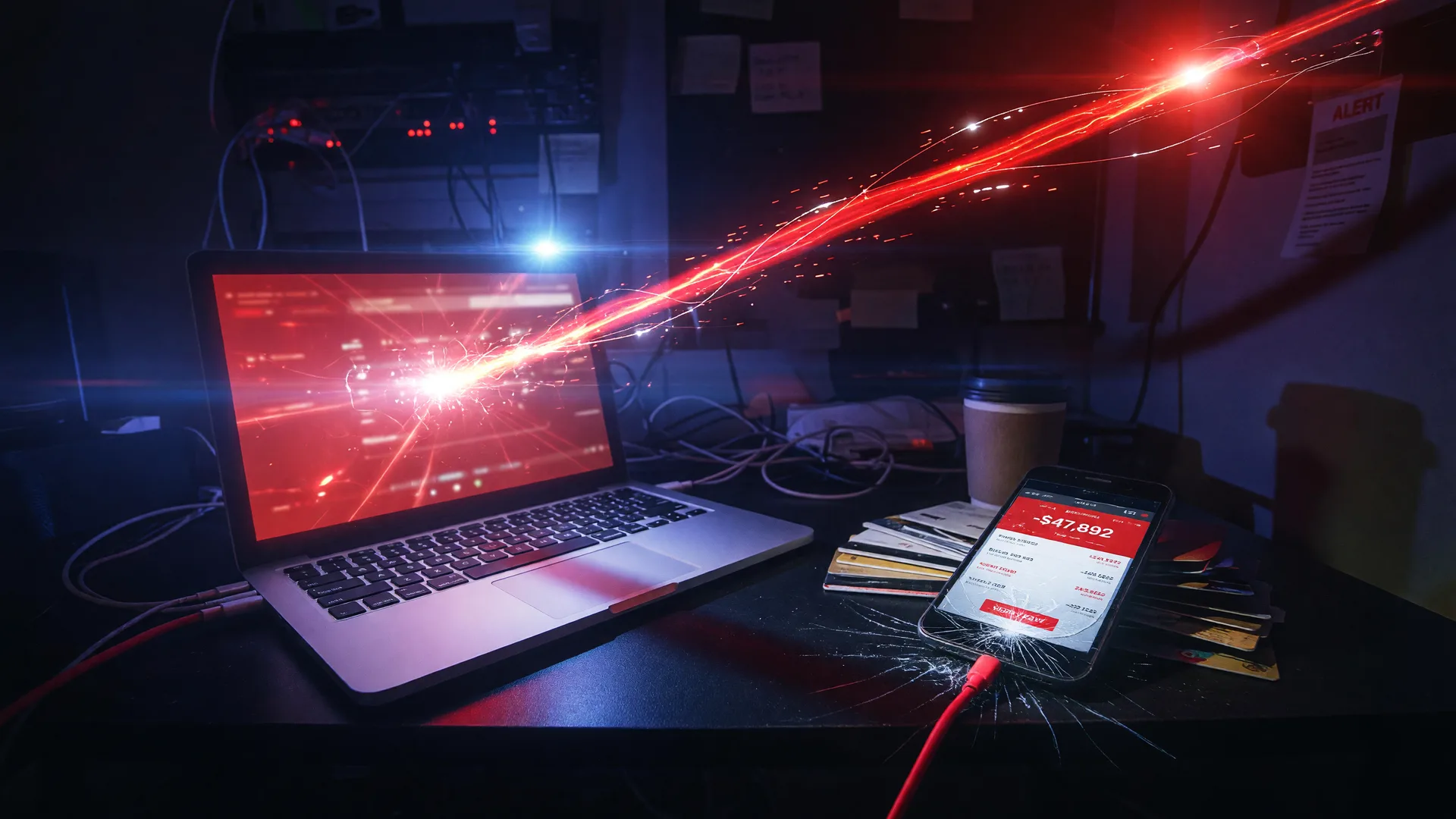 Glowing red wire connecting a laptop to a smartphone representing a cybersecurity breach