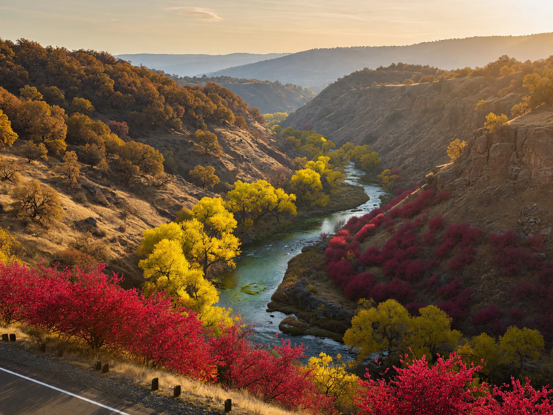 Golden Sierra Nevada foothills along Highway 140 between Mariposa and Midpines in late October, western redbuds glowing gold and crimson along the canyon, yellow cottonwoods lining the Merced River below the highway, oak-bronzed hillsides in the distance