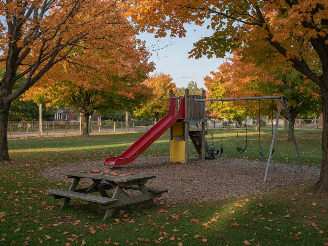 Town park playground with swings and a slide under autumn maples in Trent Hills, empty on a school afternoon