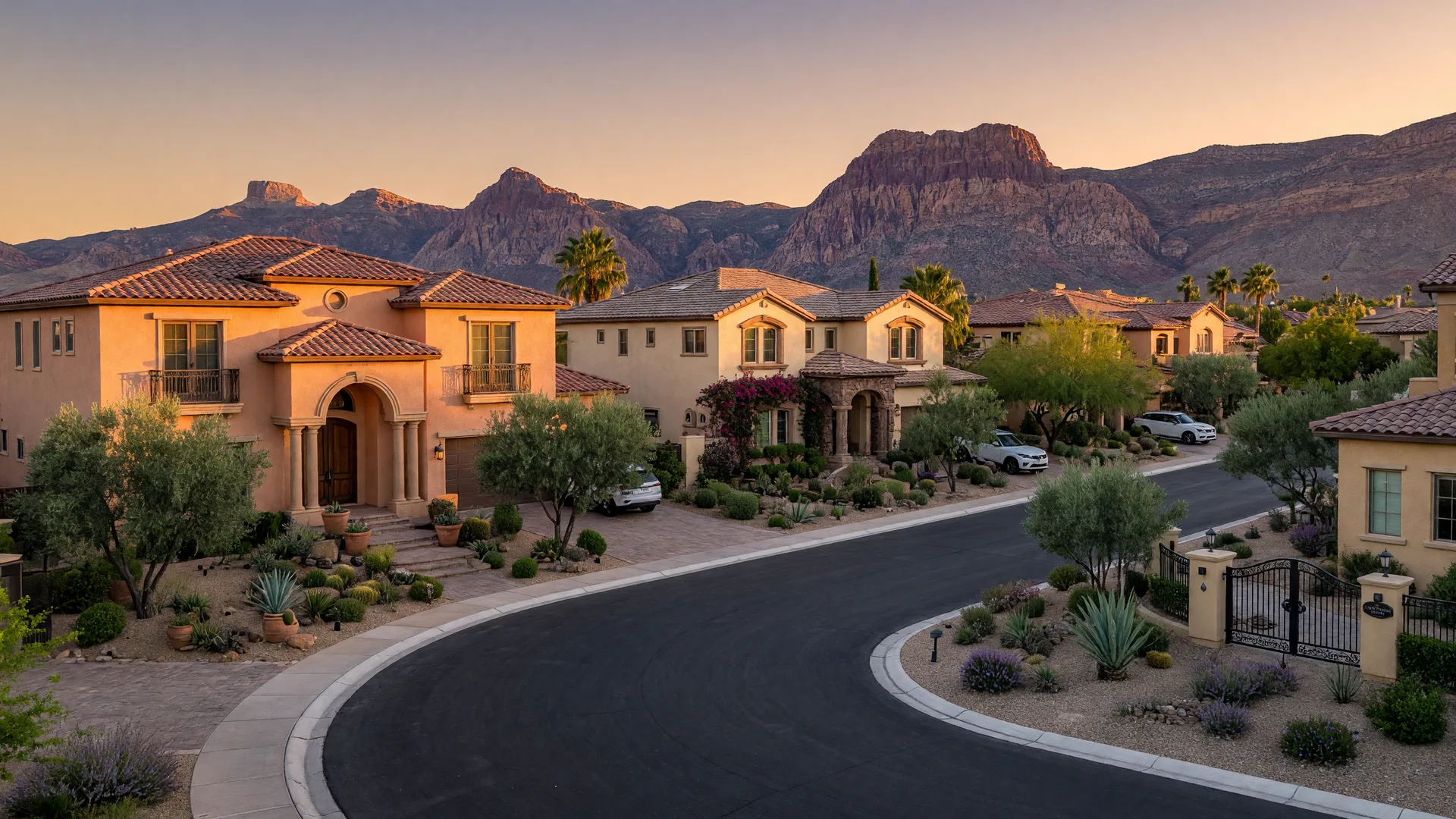 New contemporary homes along a palm-lined park with walking paths in the Inspirada master in south Henderson in the morning