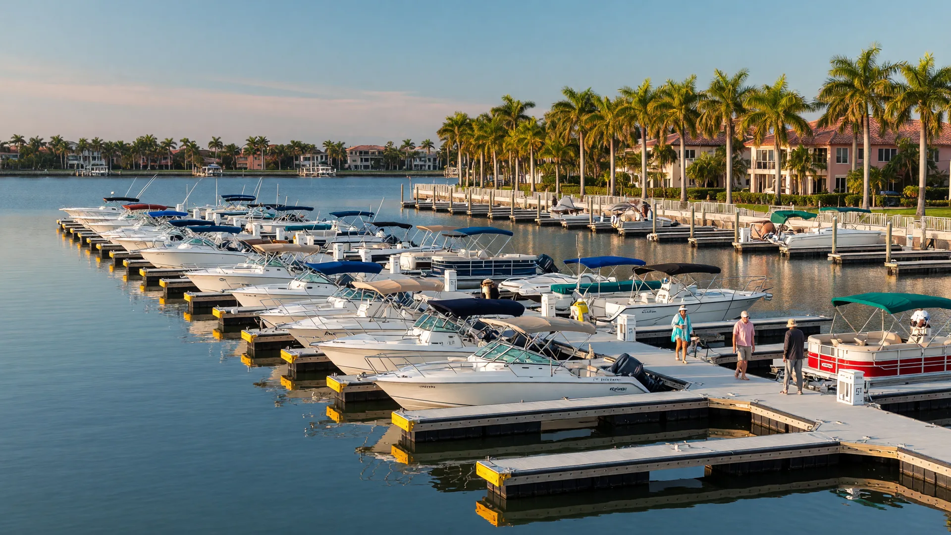 White powerboats and pontoons moored along the floating docks of a Marco Island marina on a sunny October morning