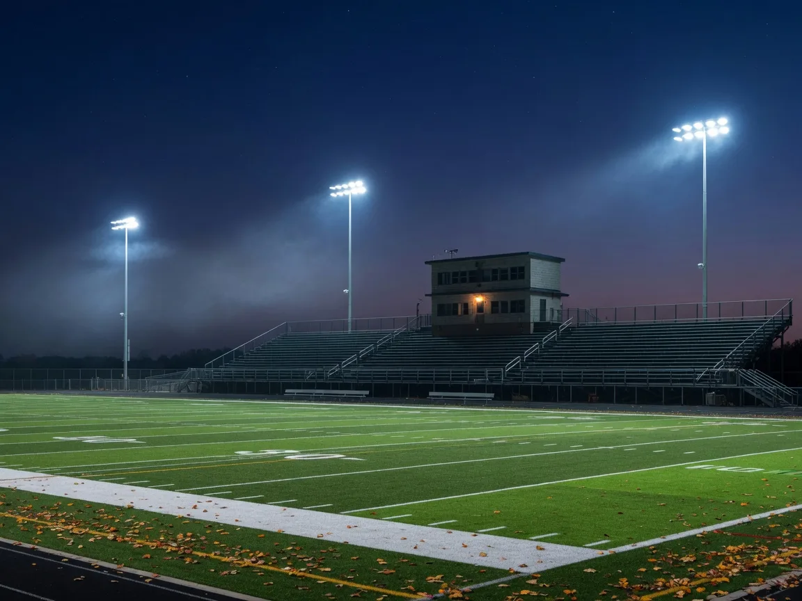 Light towers glowing over the turf of an empty suburban Pennsylvania high school stadium on a cool October night