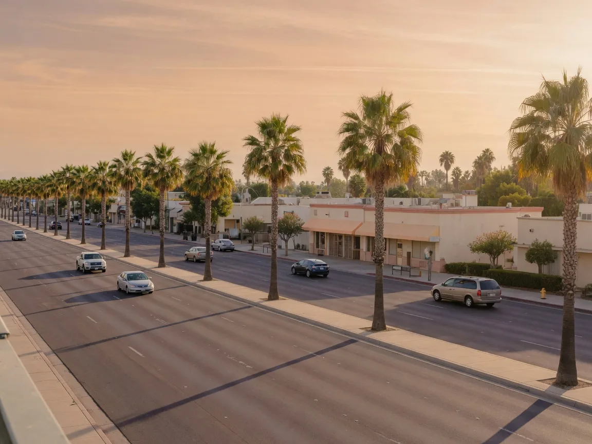 Wide Southern California arterial boulevard at golden hour with palm trees and quiet traffic lanes near Irvine