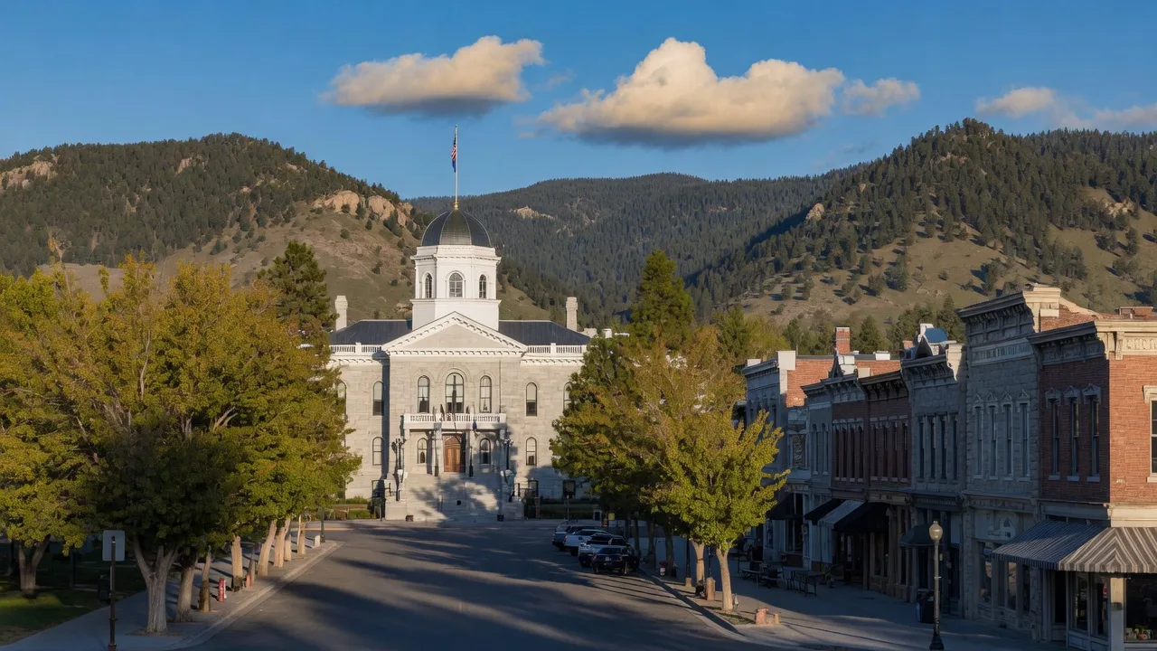Downtown Carson City with the Nevada State Capitol building's silver dome, historic district, tree-lined streets, and Sierra Nevada foothills in the background