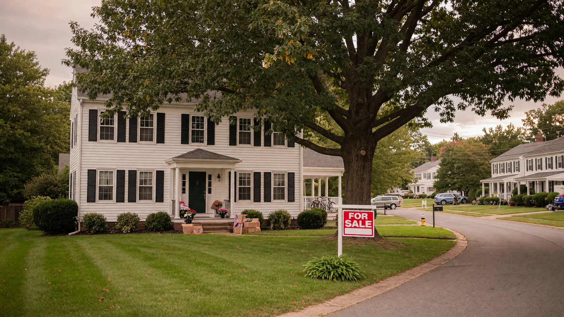 A two-story colonial house in a Maryland suburb with a For Sale sign on the lawn, representing the family home where a sibling may still be living during estate settlement