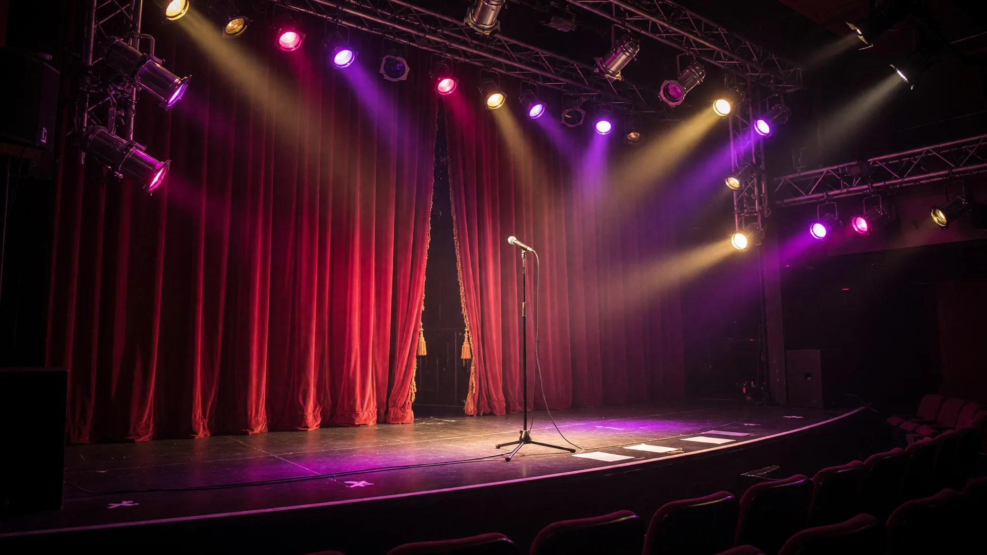 A grand theater stage with red curtains, magenta and gold stage lights, and a microphone on a stand in soft haze before a pop concert