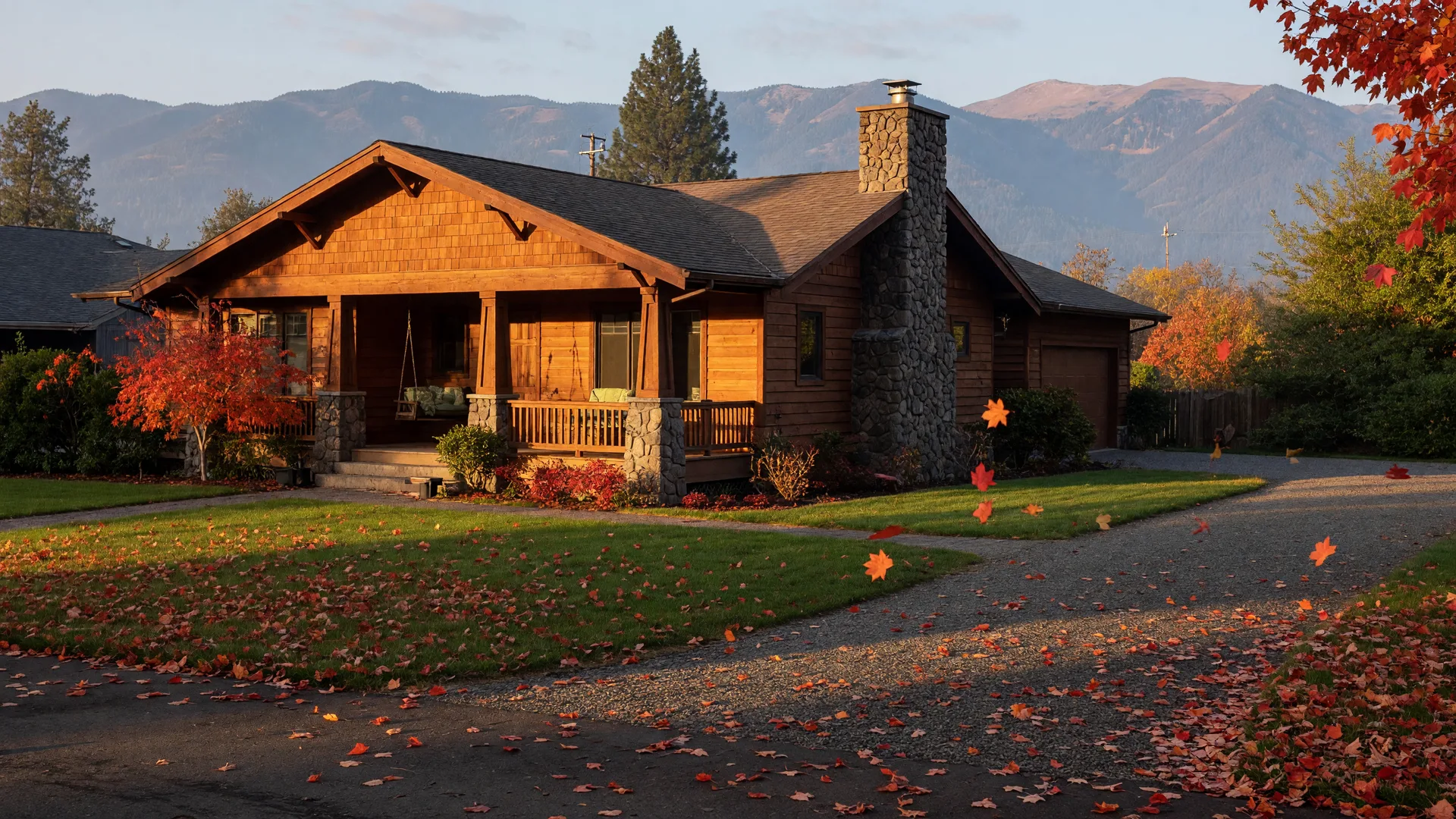 A craftsman home with a stone chimney surrounded by golden maple leaves on a crisp autumn morning in the Rogue Valley near Medford, Oregon