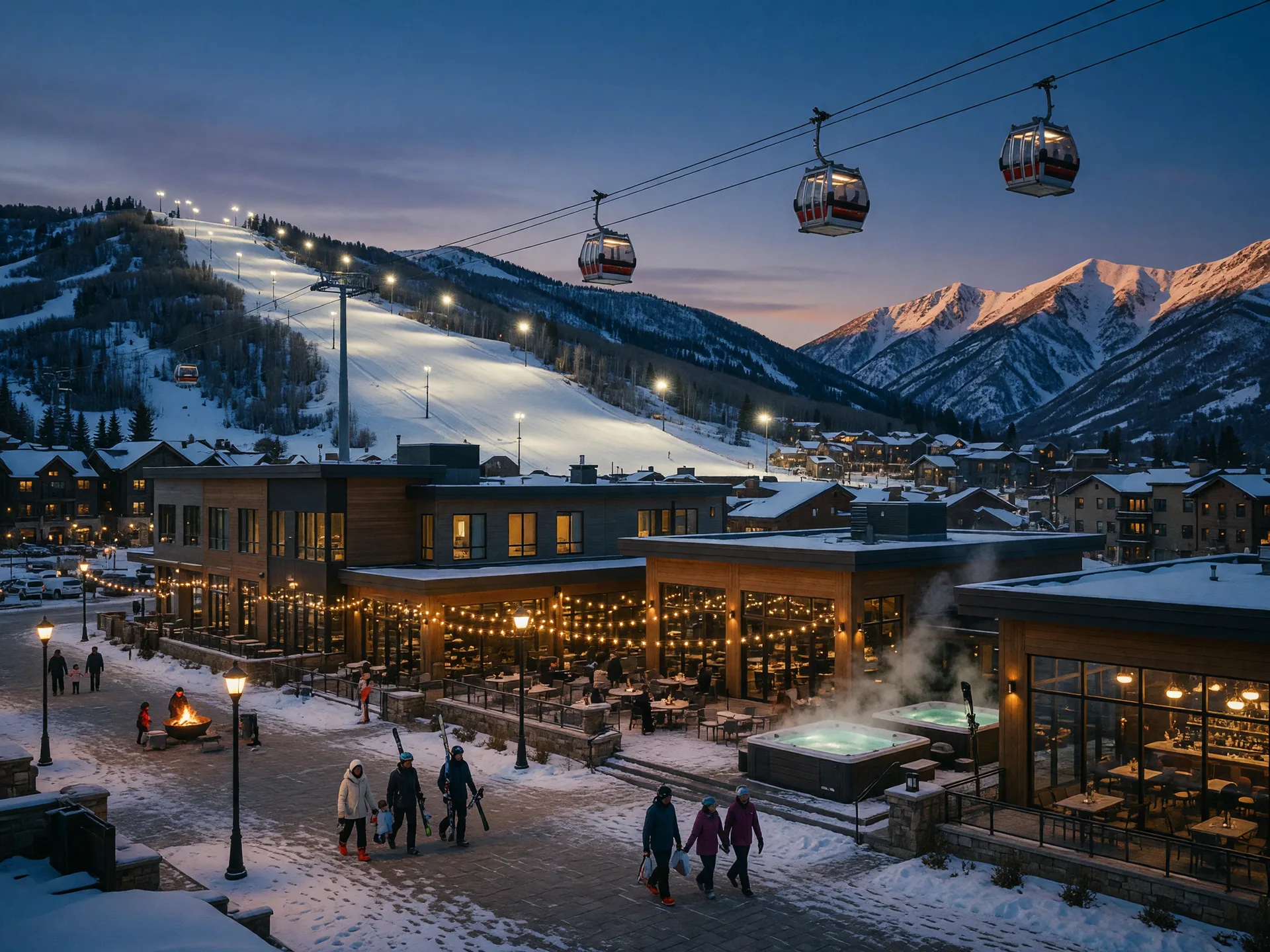 A modern ski village at dusk with glowing hotel windows, gondola cabins overhead, and a floodlit run behind the base
