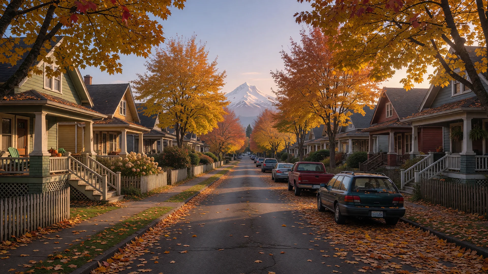 A Portland east-side street of craftsman bungalows under amber fall maples