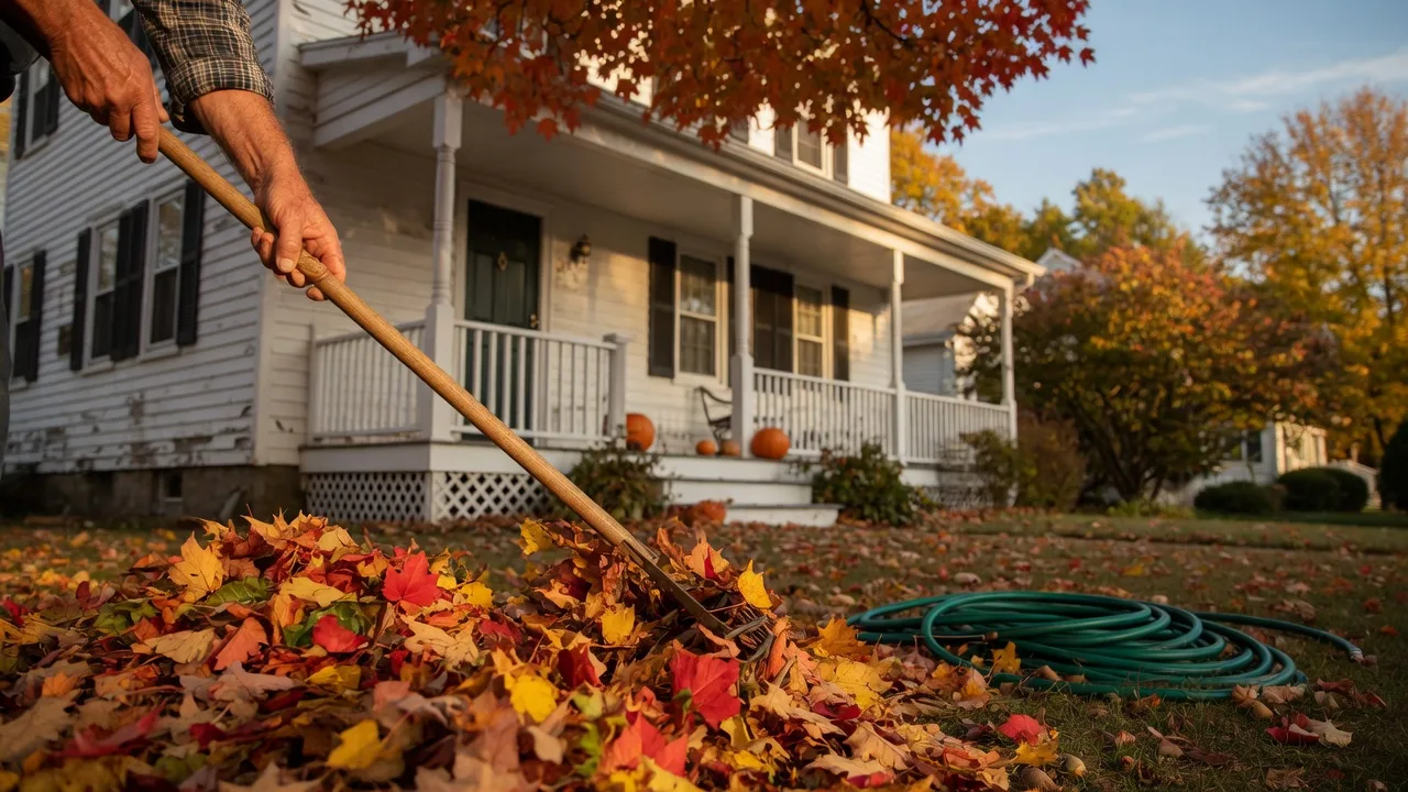 Homeowner raking leaves in front of a classic Colonial home during golden hour with autumn foliage in Essex County NJ