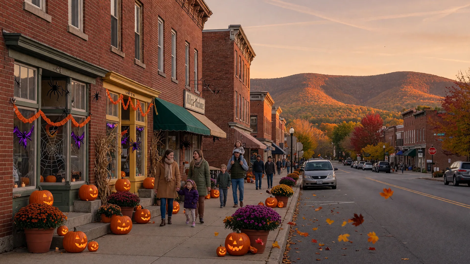 A late-October Pennsylvania main street at golden hour with brick storefronts trimmed in orange and purple Halloween decorations, jack-o-lanterns and mums on the sidewalks, and the Blue Mountain ridge glowing amber on the horizon