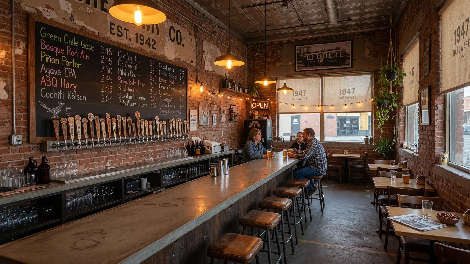 Cozy taproom interior of Sidetrack Brewing Company in downtown Albuquerque with exposed brick, warm pendant lighting, and a polished concrete bar