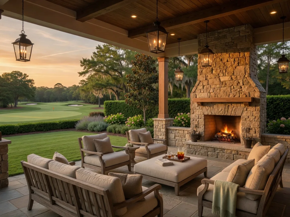 A newly renovated covered porch with a stone fireplace and comfortable seating on a luxury estate in a Georgia golf community at golden hour