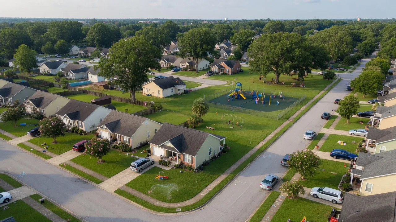 Aerial view of a family-friendly suburban neighborhood in Columbia, South Carolina with green lawns and oak trees