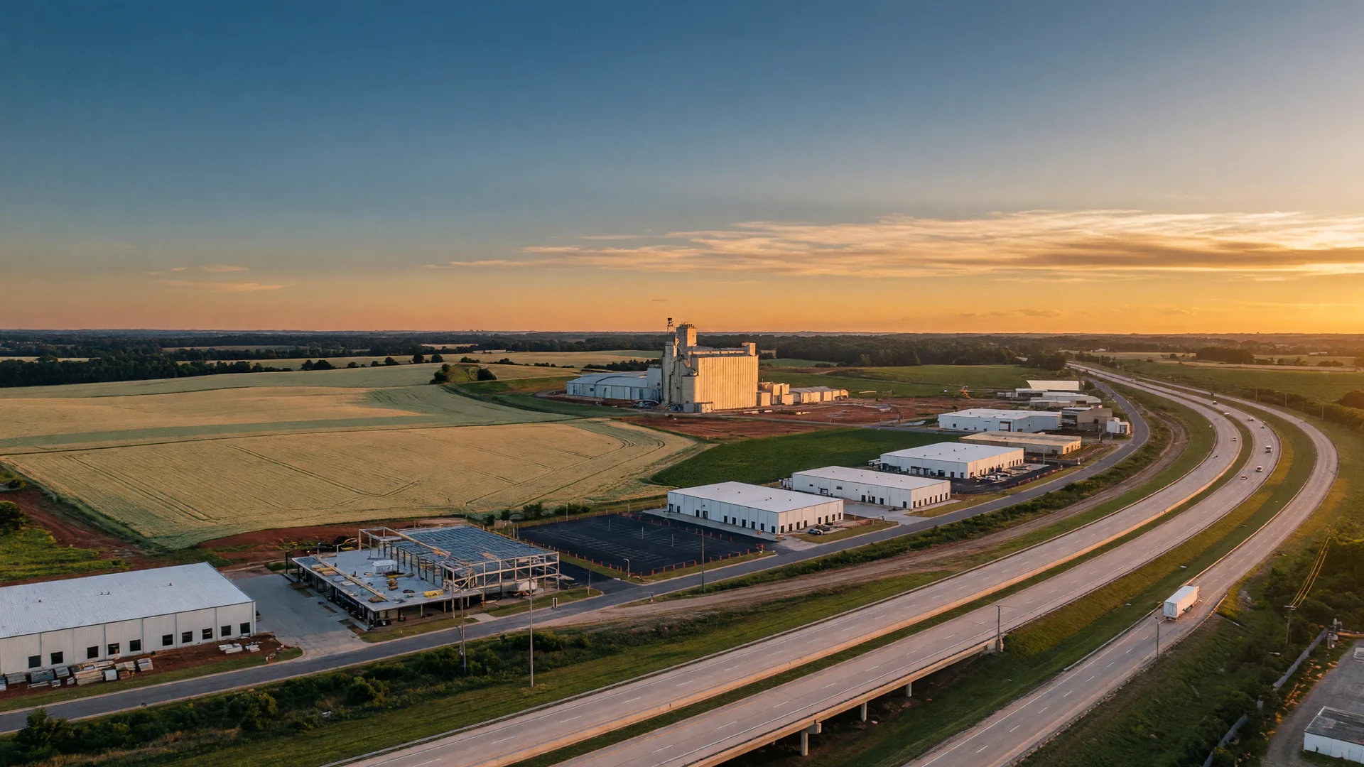 Interstate 85 sweeping through rolling farmland with warehouses and new rooftops at golden hour in northeast Georgia
