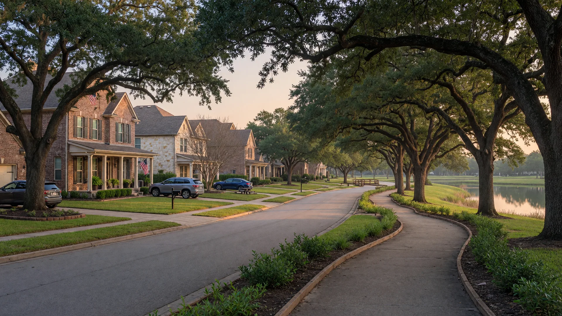 A wide editorial photograph of a tree-lined street in a Texas master-planned community in soft morning light, brick homes on tidy lawns and a paved trail winding toward green space