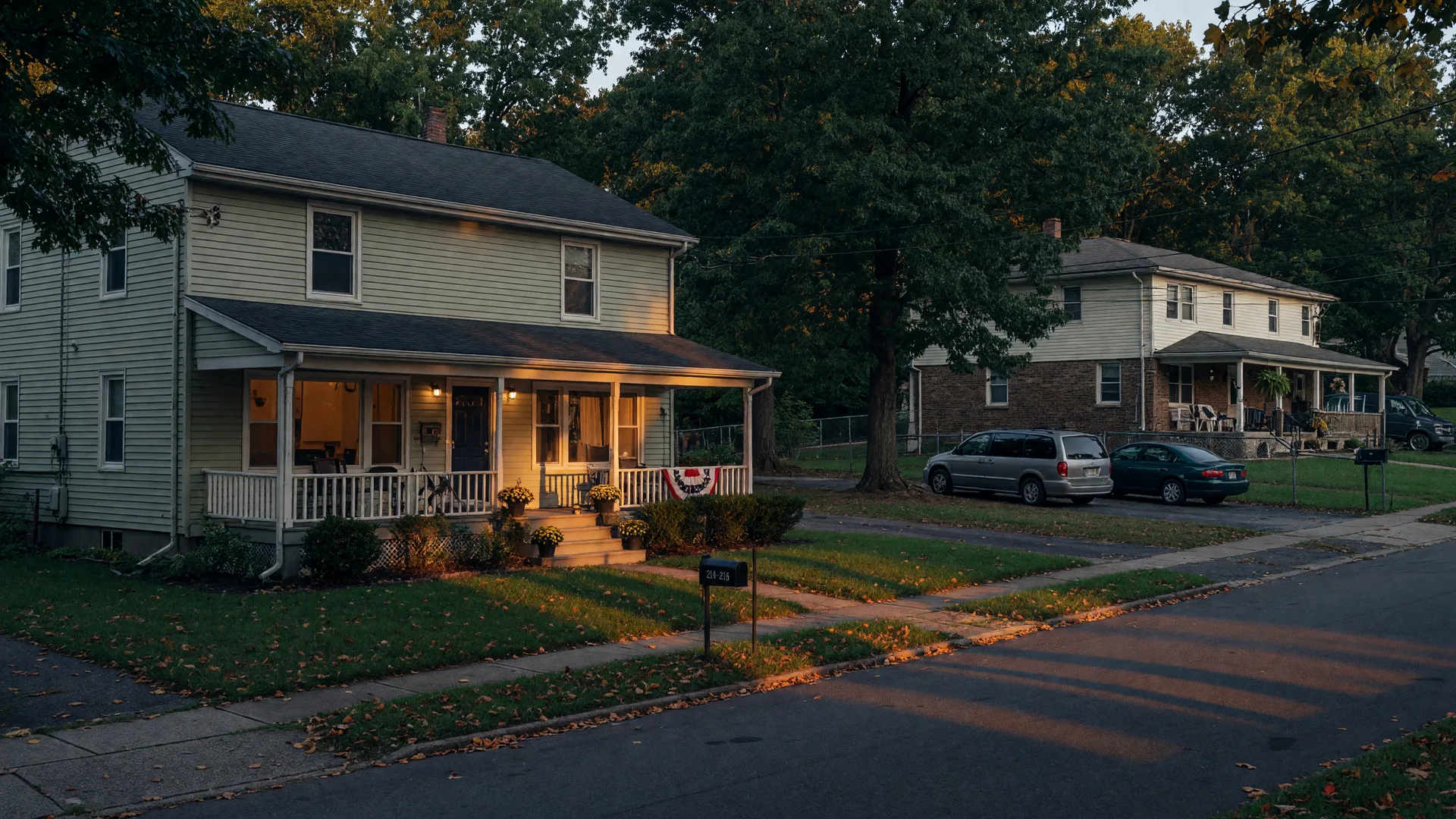 Duplex and multi-unit investment homes on a tree-lined Lehigh Valley street at golden hour
