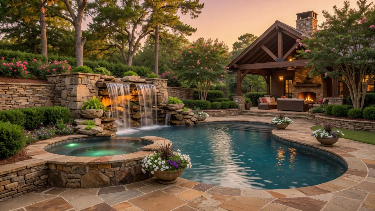 Luxury resort-style swimming pool with cascading stone waterfall spa and patio seating
