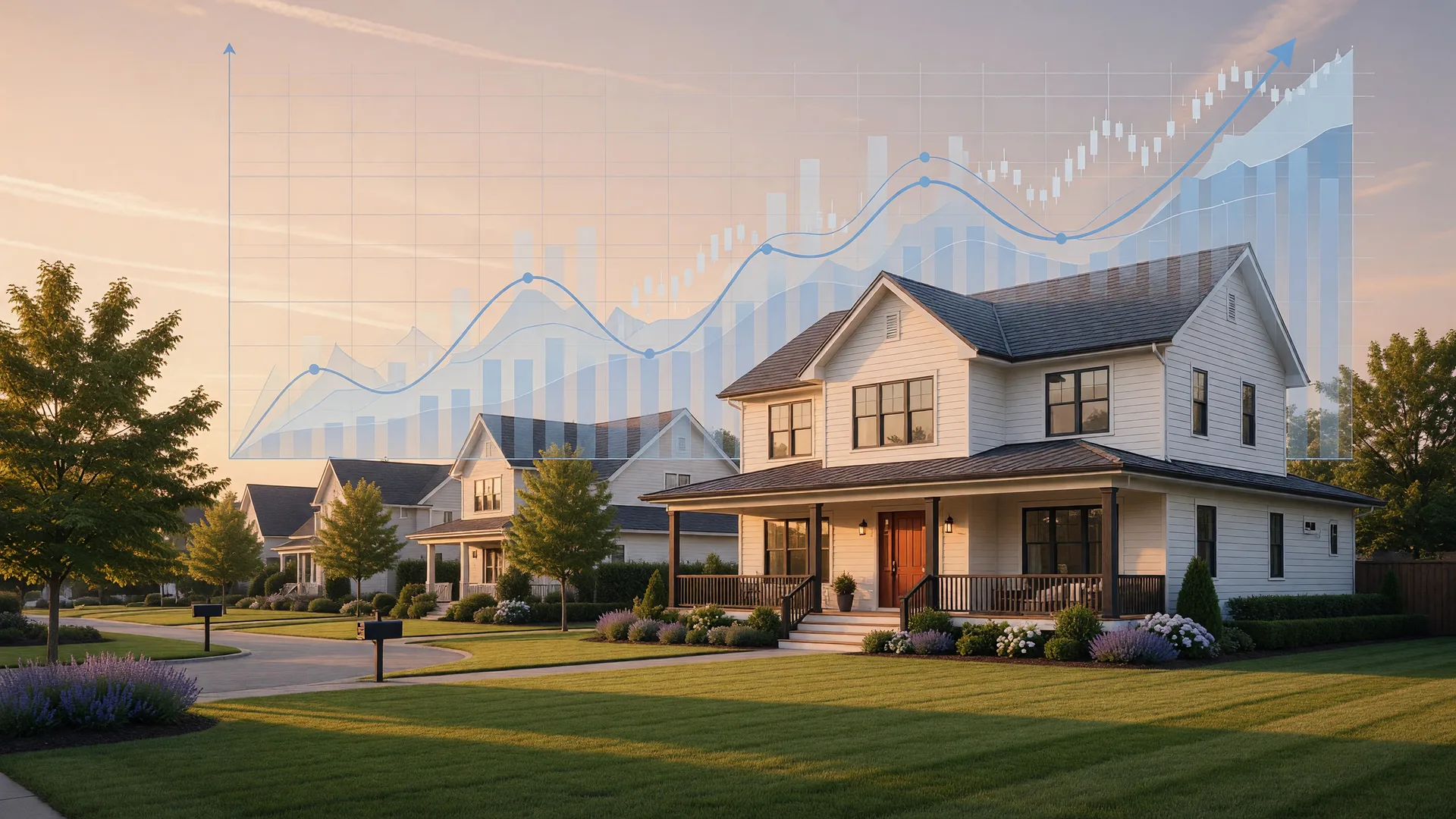 Modern suburban home at golden hour with subtle financial growth chart overlays