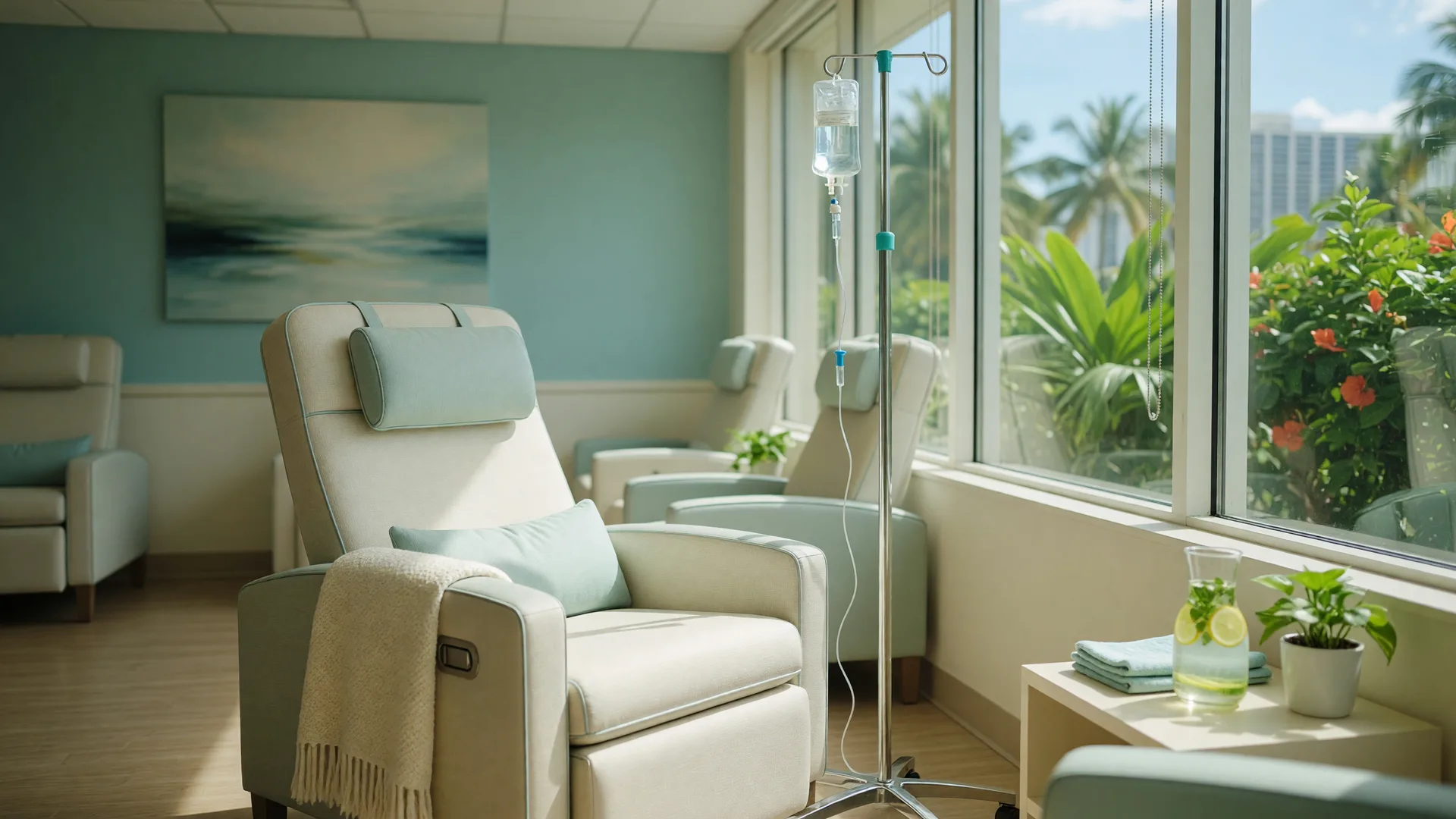 A comfortable wellness infusion lounge with a reclining chair and IV drip stand in a Honolulu clinic
