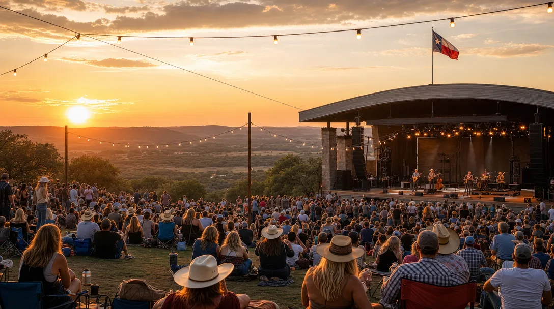 A country music concert at an outdoor amphitheater during golden hour with crowd gathered on the lawn and string lights overhead
