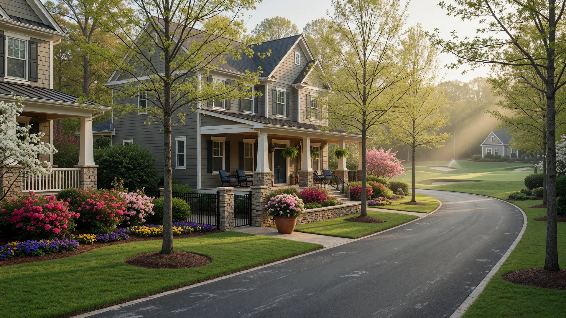 Welcoming residential street lined with trees and a craftsman-style home in Chateau Elan Braselton Georgia