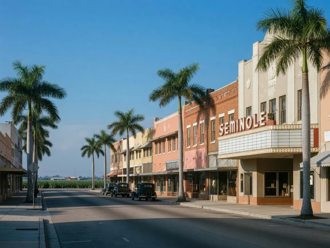 Homestead's historic downtown on Krome Avenue, 1920s storefronts beneath the Seminole Theatre marquee on a bright morning
