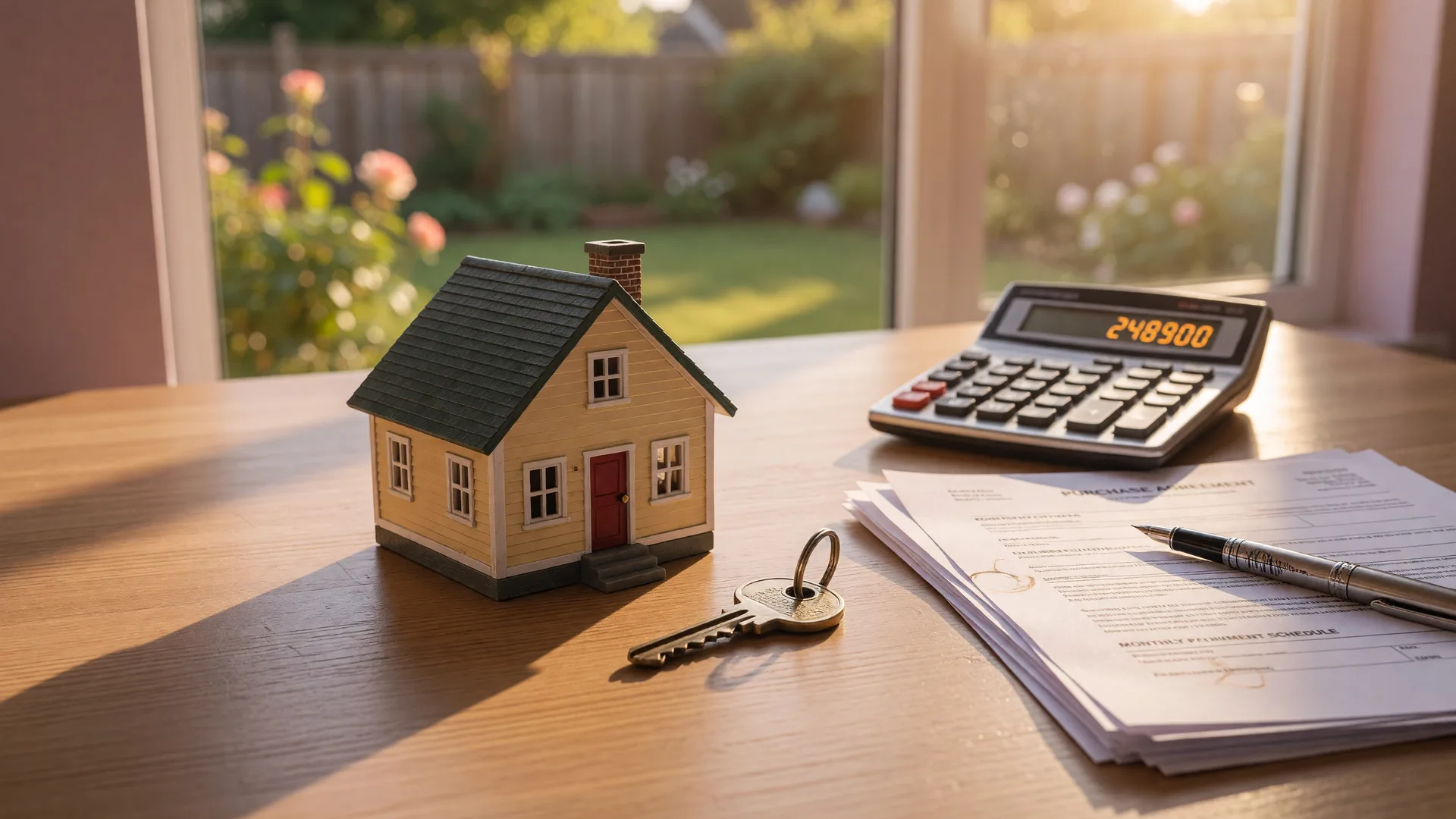 A wooden model home with a brass key, calculator, and mortgage documents on a desk in warm golden light, illustrating how the Fed rate hike affects home buying