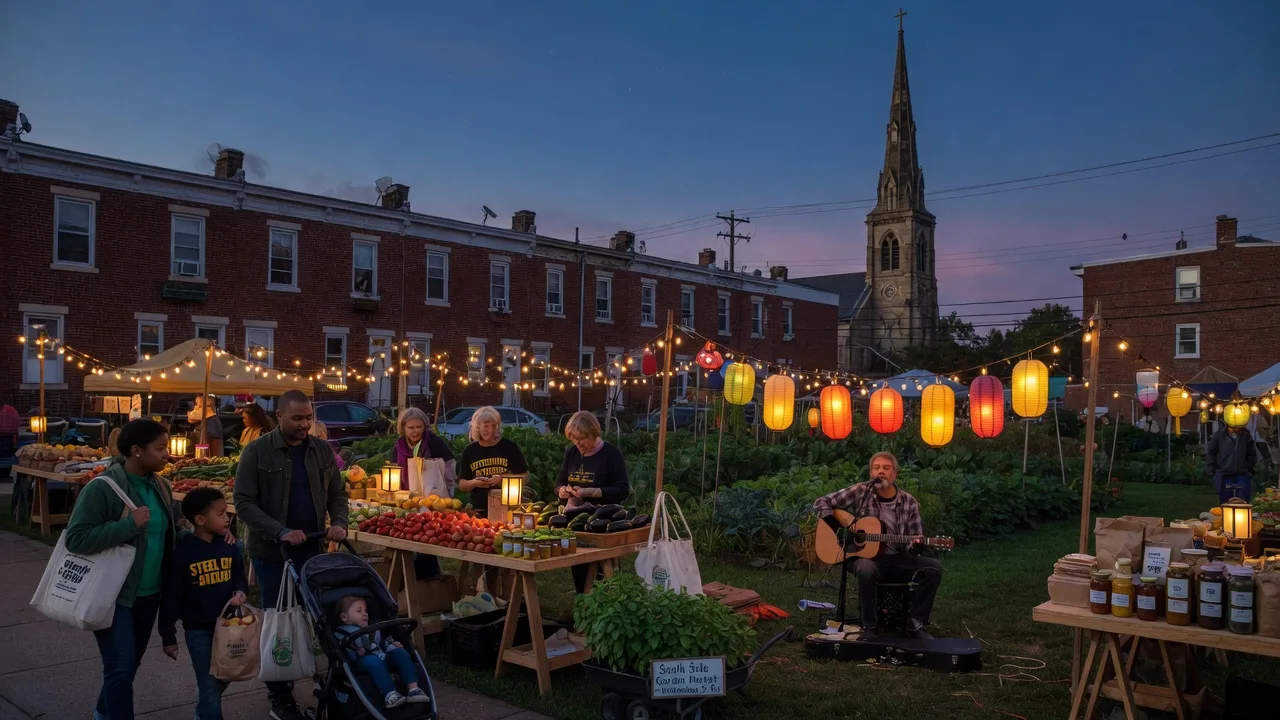 A neighborhood evening market at dusk in a Pennsylvania city, a community garden with produce and pantry stalls under warm string lights, families strolling with canvas totes, a musician playing acoustic guitar, brick rowhomes and a church steeple behind, deep blue twilight sky