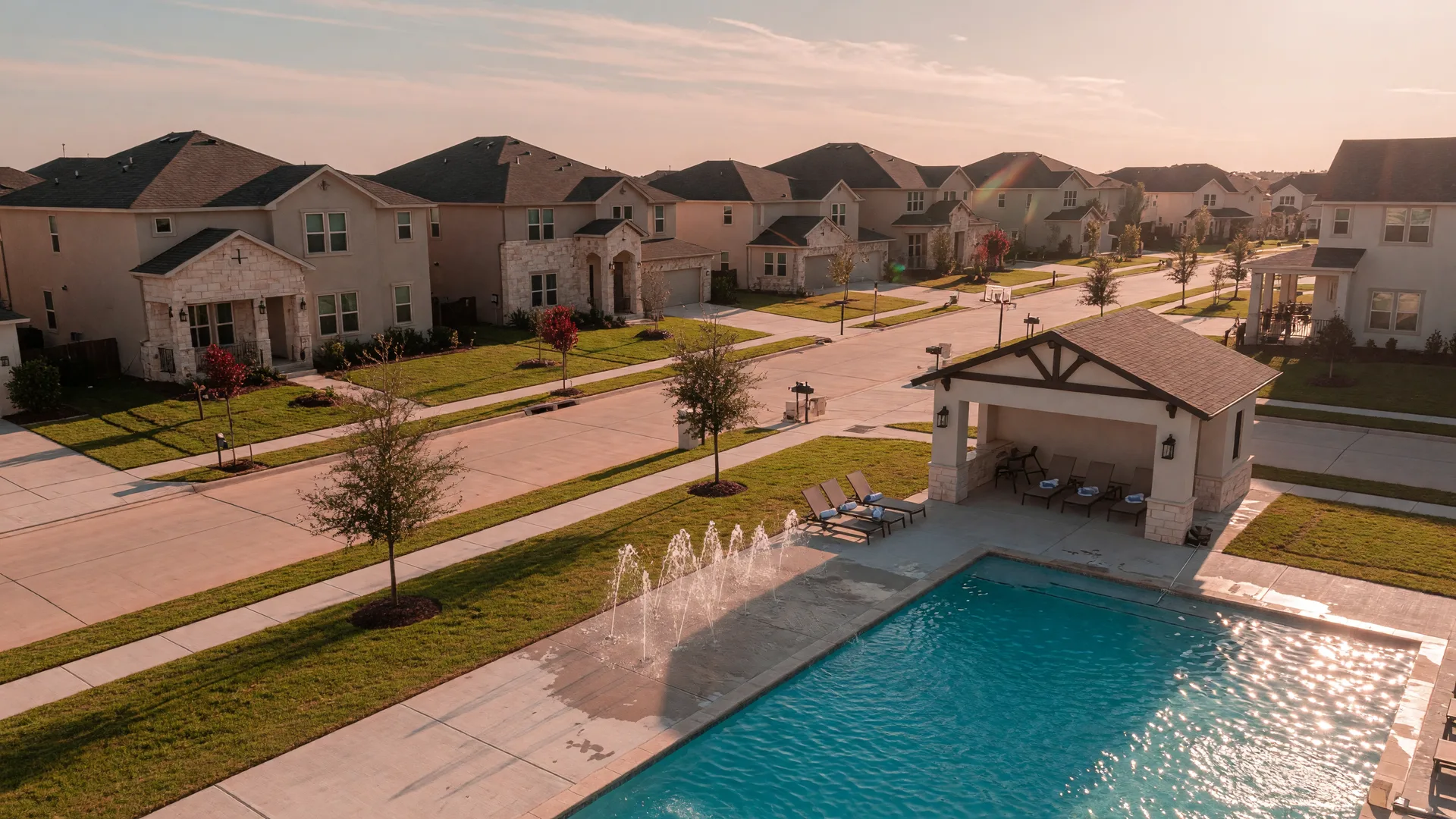 Golden-hour view of a master-planned Texas neighborhood with a community pool and splash pad in the foreground