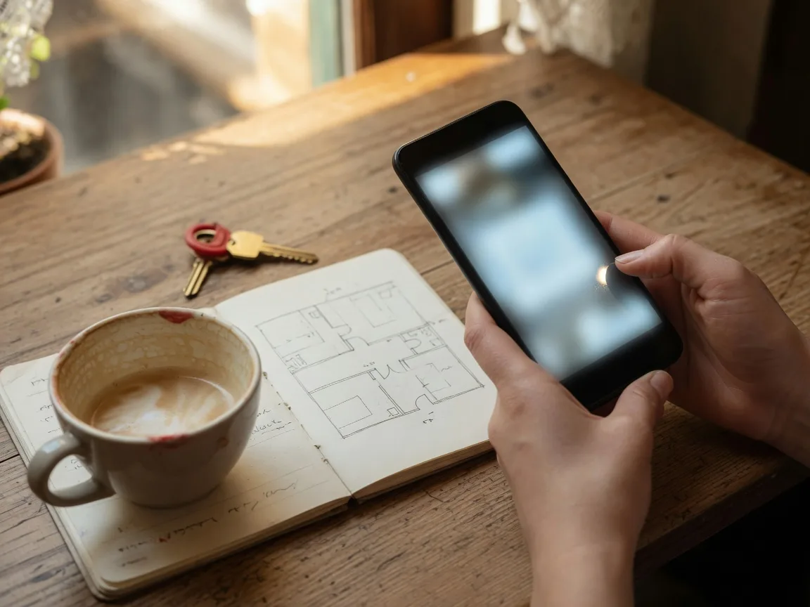 Hands holding a smartphone over a wooden café table beside a notebook with a hand-drawn floor plan and a house key